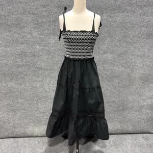 Peter Som Dress Womens XL Black Smocked Square Neck Tiered Midi Sundress Boho